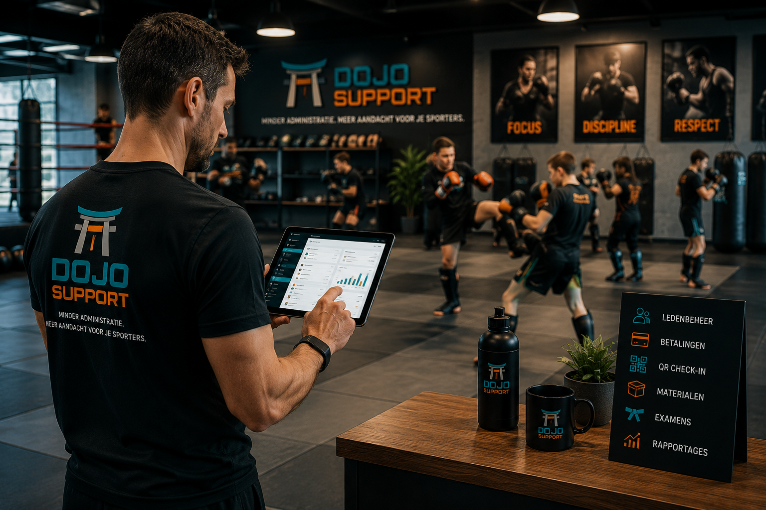 Sportschoolhouder gebruikt Dojo Support tijdens een training